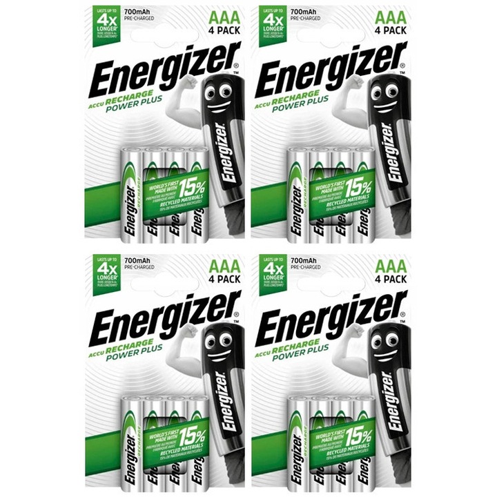 Комплект акумулаторни батерии Energizer R03/AAA Ni-MH 700mAh, 16 броя, презареждащи се, екологични