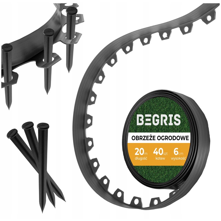 Obraza de gradina Begris, 20m, 6cm, plastic, negru, set cu 40 ancore