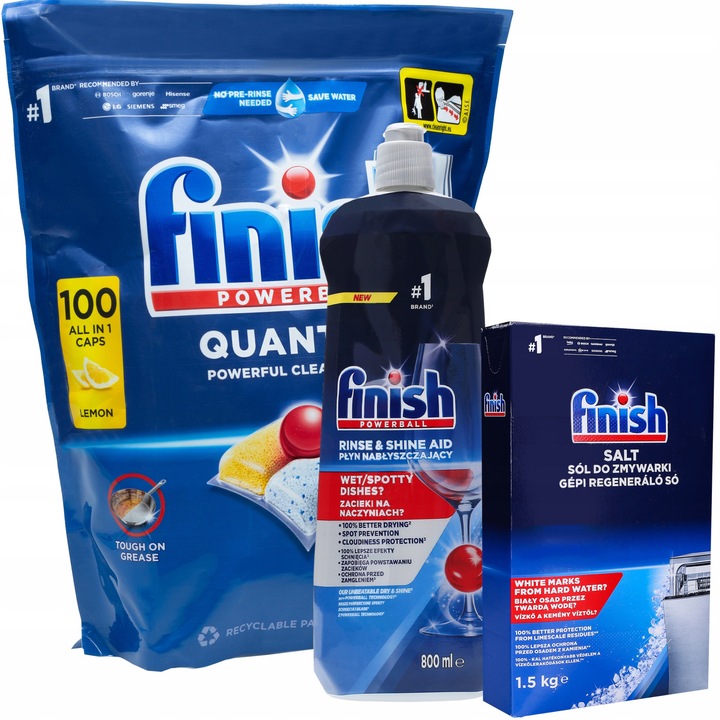 Set detergent vase Finish Kapsulki Quantum All-in-1 100szt, Sol 1,5kg, Nablyszczacz 800ml