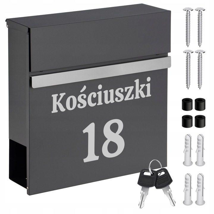 Skrzynka na listy cu gazetnik, antracit, 37x37x10,5cm, cu inchidere pe cheie, set complet de montaj