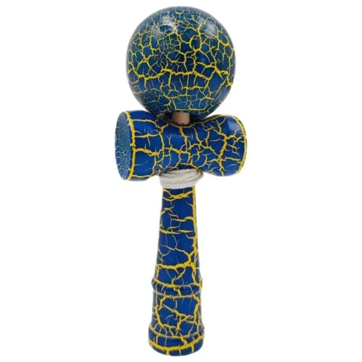 Kendama profesionala din lemn cu 2 cupe, 18x6.5 cm, model pentru incepatori si avansati, albastru galben, ABYZ