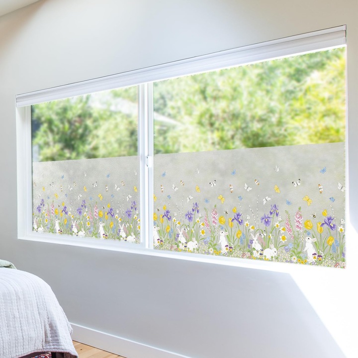 Folie autoadeziva blurata pentru confidentialitate ferestre, blocant UV 43x200 cm Iepure-Fluturi-Flori