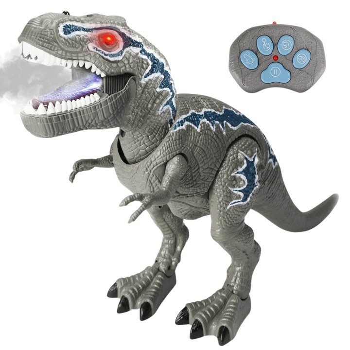 GOPO TOYS Interaktív Játék Gyermekeknek, Távirányítós Dinoszaurusz, Gőzködés és LED Fényvetítés, Valósághű Hangok és Mozgások, T-Rex Design, Szürke, 3 Év+
