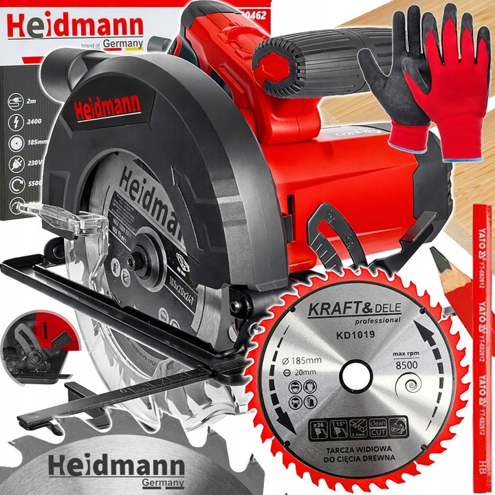 Pila circulara Heidmann 2400 W, 185 mm, cu reglare unghi, cablu 2m, set cu disc de taiere si manusi de lucru