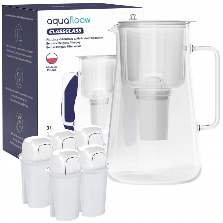Cana filtranta AquaFloow ClassGlass, sticla borosilicata, alb, 3l, set cu 6 filtre