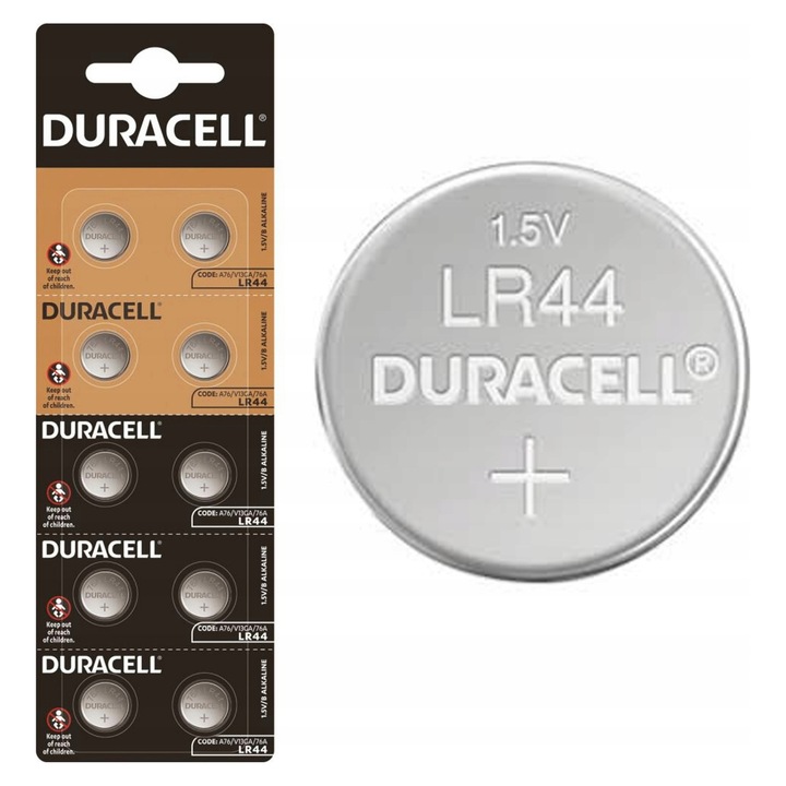 Baterie Alkaline Duracell LR44, 10 bucati, 1,5V, 11x11x5mm, pentru jucarii si calculatoare
