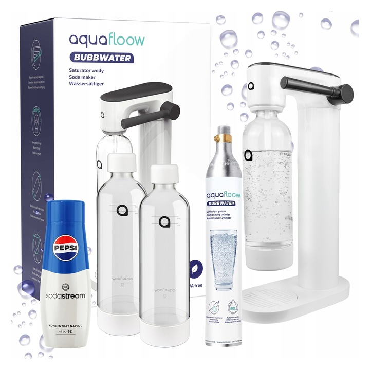 Сатуратор за газирана вода AquaFloow, комплект 3x бутилки 0,8л, CO2 цилиндър, сироп Pepsi 440мл, бял, 12,5x42,5x24,5см