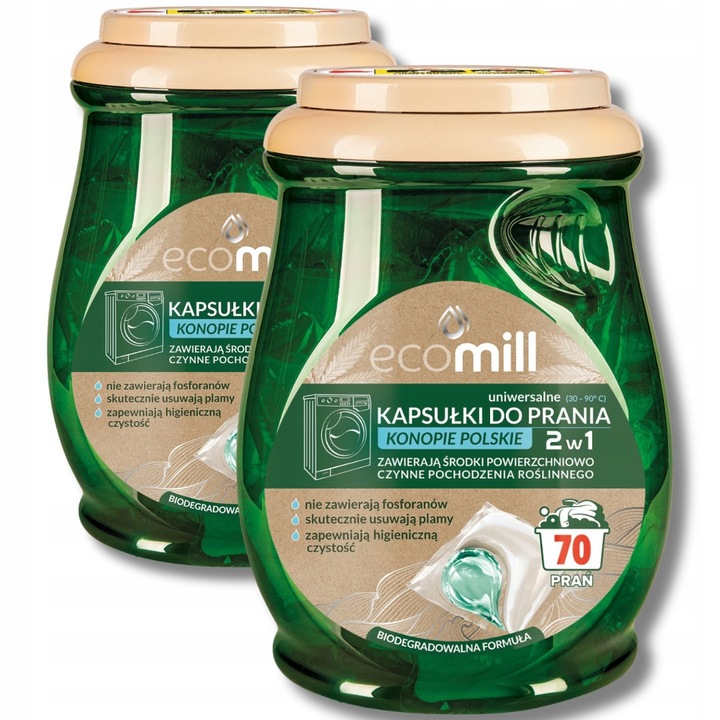 Detergent rufe Ecomill, kapsulki universale cu extract de canabis polonez, 140 bucati, biodegradabil, fara fosfati