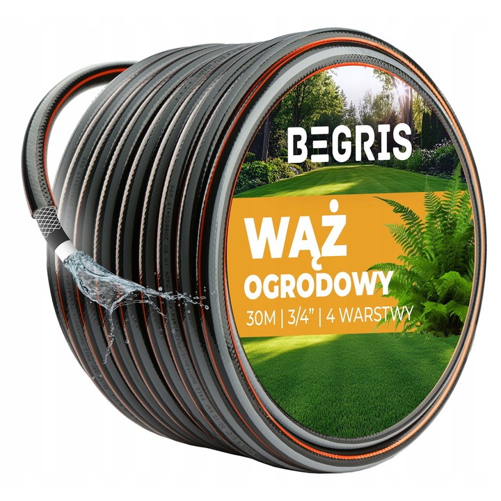 Begris 4 rétegű kerti tömlő, 30m, 3/4", fekete-narancssárga, UV-álló