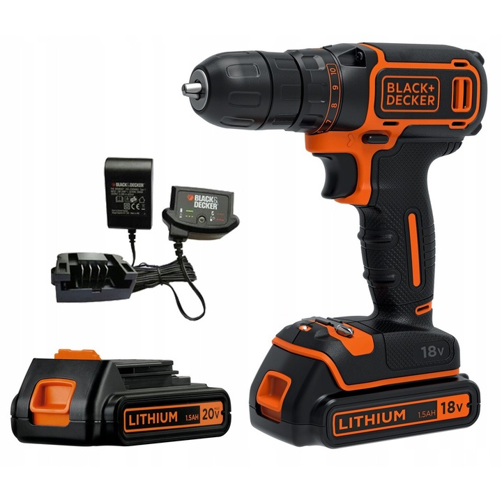 Aparat de gaurit si insurubat Black+Decker 18V, 2 acumulatori 1.5Ah, 30Nm, 10mm