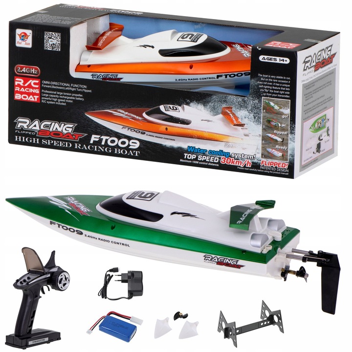 Barca cu telecomanda FT009, 30 km/h, autostabilizare, 46x12,5x11,8cm, verde-portocalie