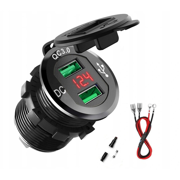 Incarcator USB FreedConn MC3084G 2x QC3.0, waterproof, cu voltmetru, negru, set complet