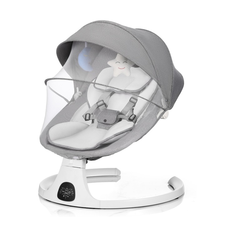 Leagan Electric si Balansoar Multifunctional Excitat® 3-in-1, cu Masuta Detasabila, Senzor Miscare, Acoperis Rabatabil, Plasa Tantari, 5 Trepte, Bluetooth, Melodii si Telecomanda, Gri