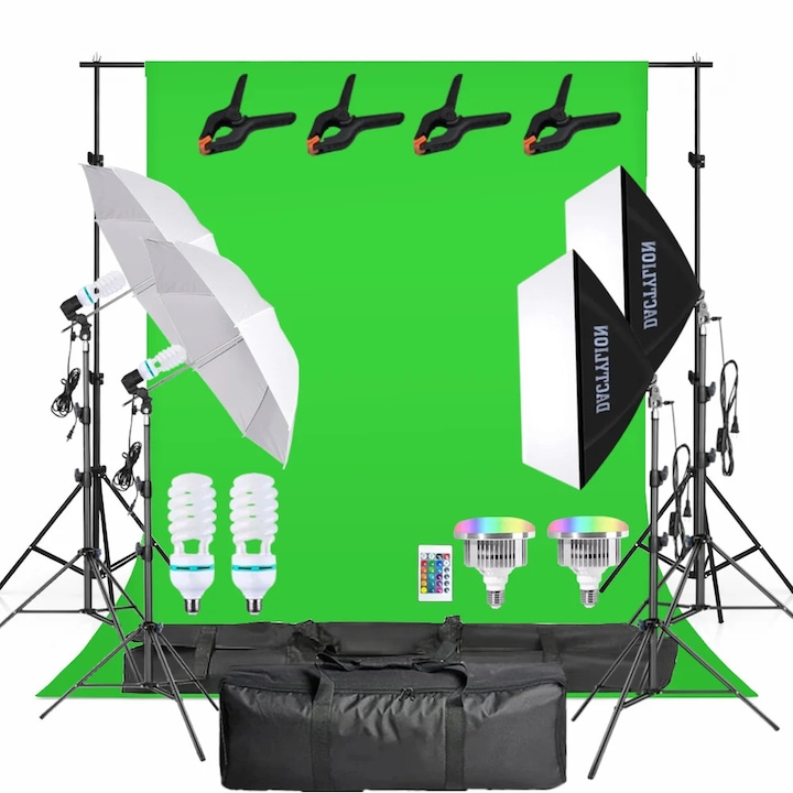 Kit studio foto video complet iluminare, 2 softbox, 2 umbrele foto, 2 becuri fluorescent 150W 5500K + 2 becuri RGB 45W cu telecomanda, fundal verde, suport fundal, clame panza, geanta transport