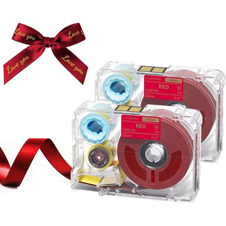 Cartus panglica compatibil Phomemo A30, culoare satin rosu cu scris auriu, ribon original 12 mm x 5 m, ideal pentru nunti, botezuri, cadouri, handmad, business