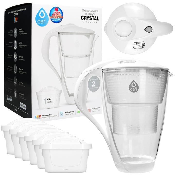 Cumpara set dzbanek filtrujacy Dafi Crystal 2L + 6x filtru Unimax, sticla, alb, 25cm