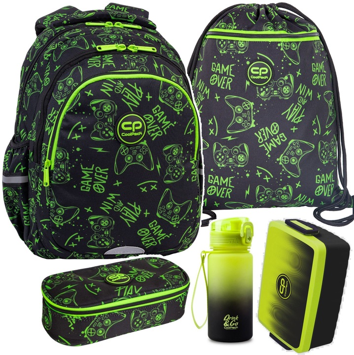 Set ghiozdan CoolPack Game Night, negru-verde, 21l, include ghiozdan, penita, sac, bidon si cutie pentru pranz