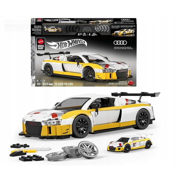 Set constructie masinuta, Mattel Brick Shop, Audi R8 LMS, detalii realiste, 1:16, 1:64
