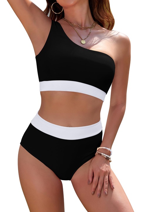 Costum de baie dama, doua piese, talie inalta, cu burete, modelator talie, acoperire completa, marime L, culoare negru & alb