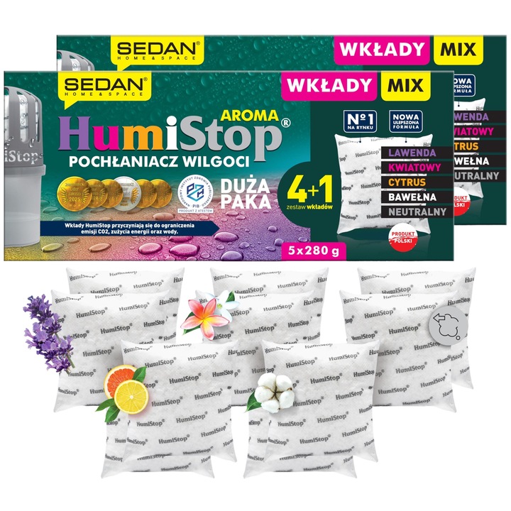 Комплект пълнители HumiStop AROMA 10x280g, микс аромати: Лавандула, Цветен, Памук, Цитрус, Неутрален