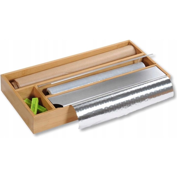 Dispenser de folie alimentara pentru sertar, Kesper, bambus + otel, 3 compartimente