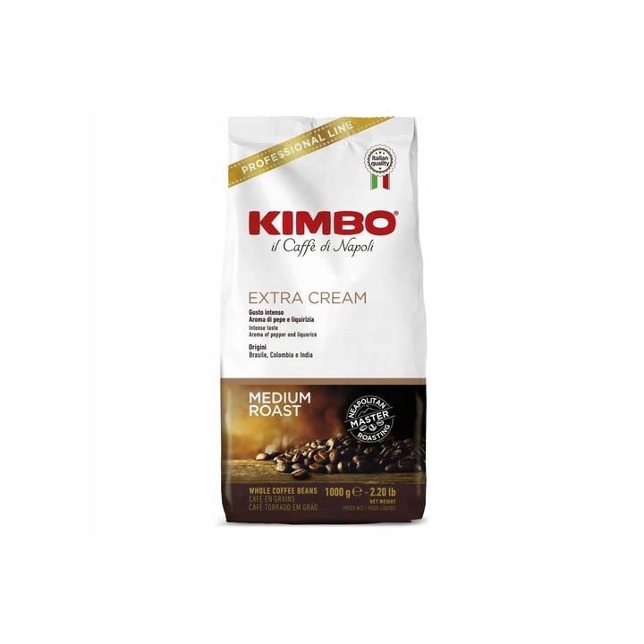 Cafea boabe blend Kimbo Extra Cream 1000 g, 50% arabica, 50% robusta, intensitate mare, mediu prajita