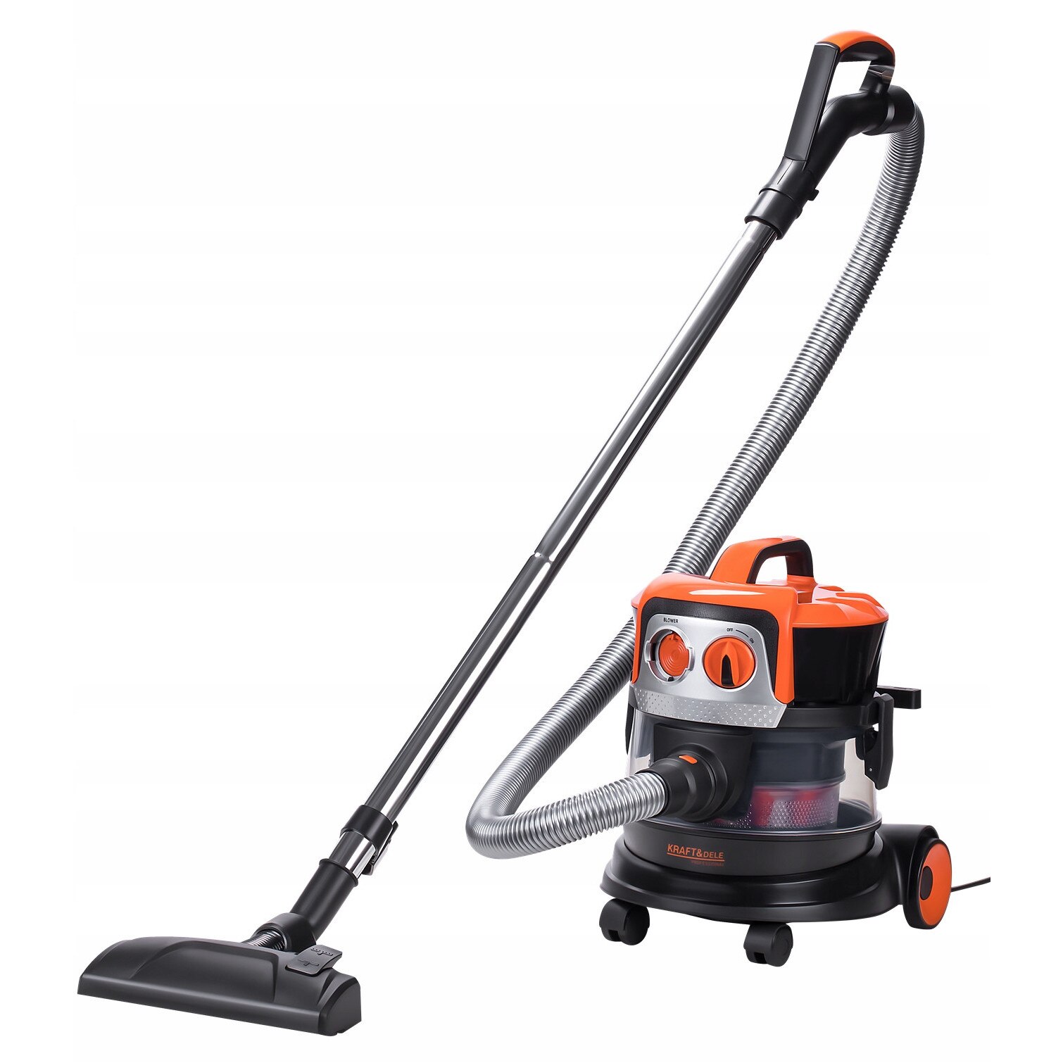 Aspirator industrial fără sac Kraft, 2000W, capacitate 9L, 4 duze, 5 duze suplimentare, set de 4 lavete microfibra 30x40cm