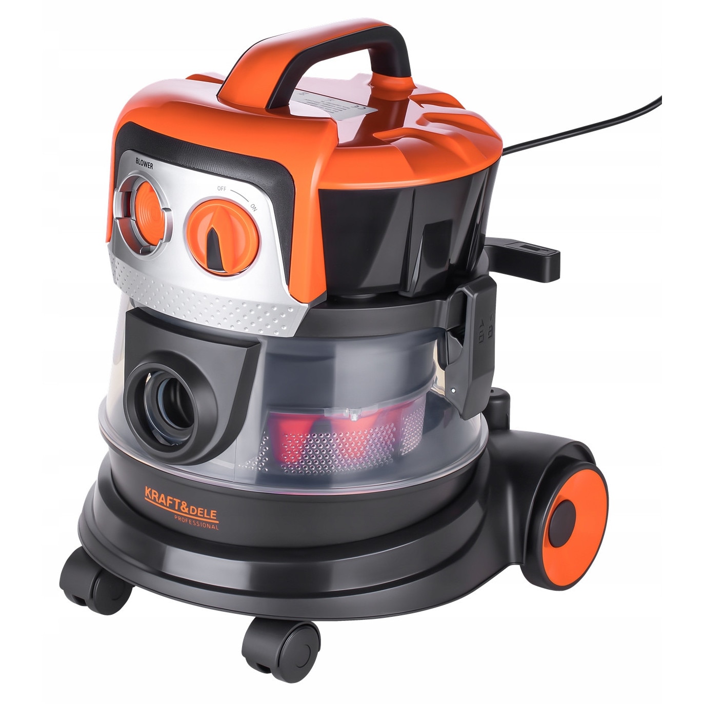 Aspirator industrial fără sac Kraft, 2000W, capacitate 9L, 4 duze, 5 duze suplimentare, set de 4 lavete microfibra 30x40cm