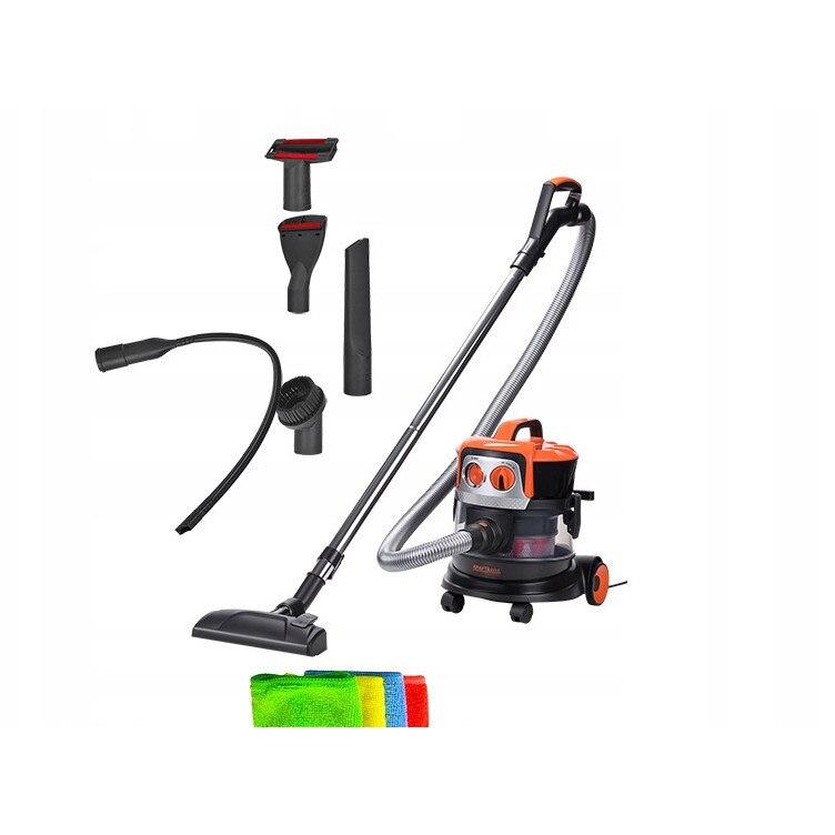 Aspirator industrial fără sac Kraft, 2000W, capacitate 9L, 4 duze, 5 duze suplimentare, set de 4 lavete microfibra 30x40cm