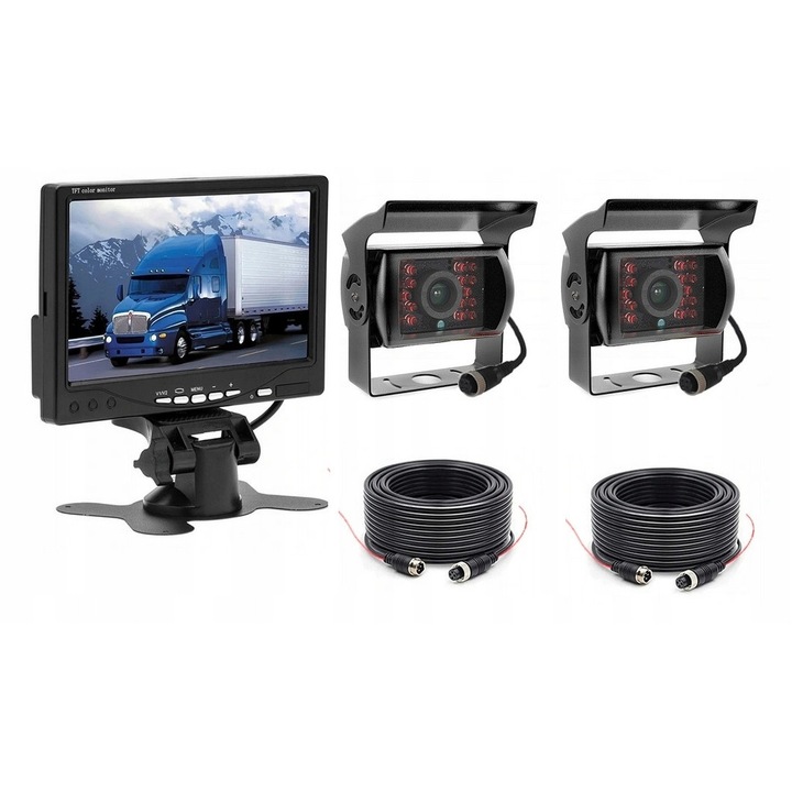 Set camera de marsarier cu monitor 7", 18 diode IR, cablu 10m, rezistent la apa, alimentare 12/24V, culoare neagra