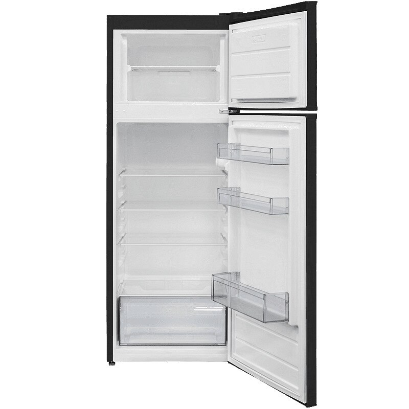 Frigider cu doua usi Finlux FXRA 260BE, rafturi sticla securizata, LessFrost, iluminare LED, Clasa E, 213L, H 144 cm, Negru