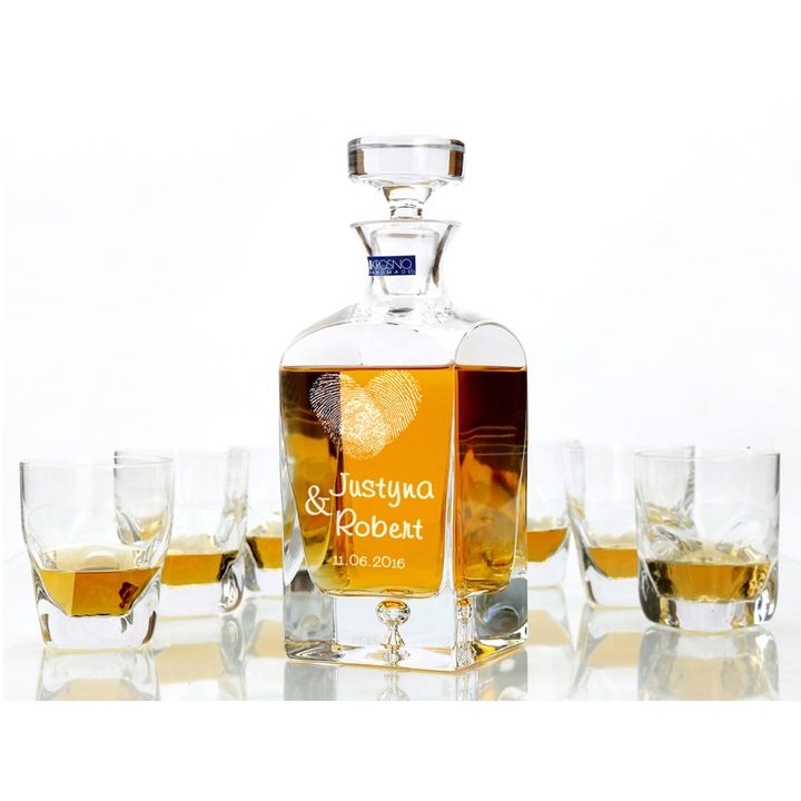 Set carafa si 6 pahare cu gravura, Krosno, sticla de calitate, 0.75l, 260ml, albastru