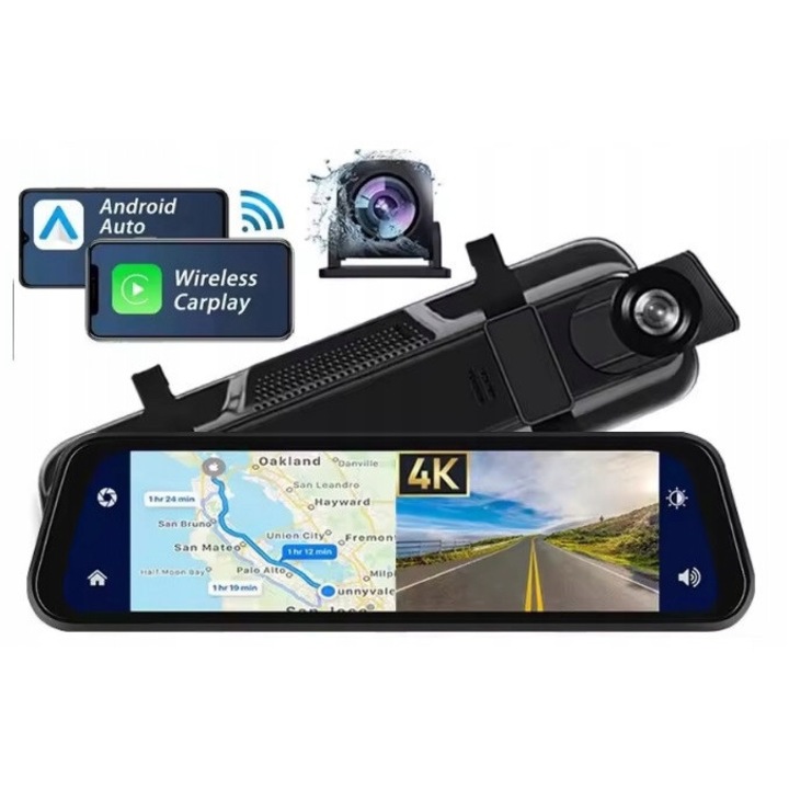 Camera auto DVR 4K, 10 inch, cu camera de marsarier, Android Auto, CarPlay