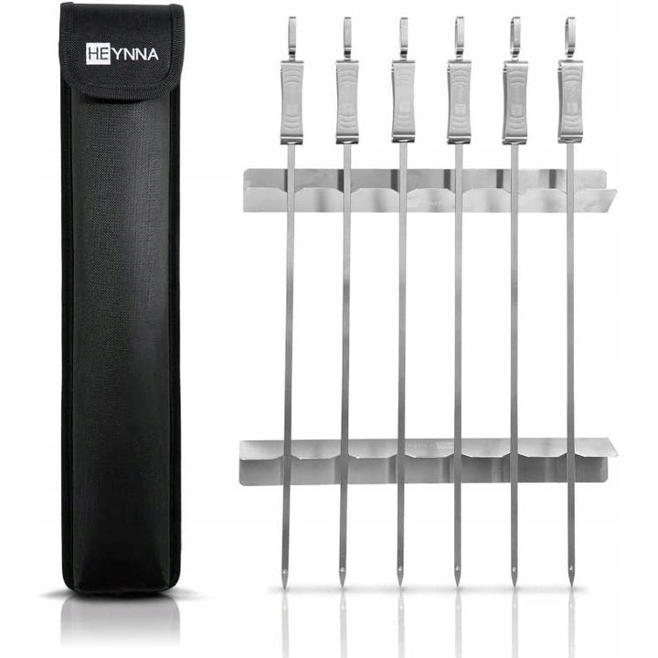 Set 6 spiculce pentru gratar Heynna, inox, 45 cm, cu suport si geanta de transport