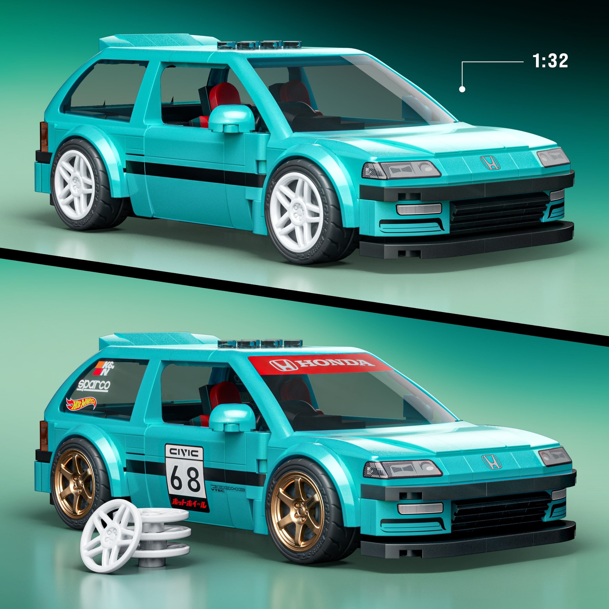Set de constructie Mattel, model Honda Civic EF, 1:32, 248 elemente ...