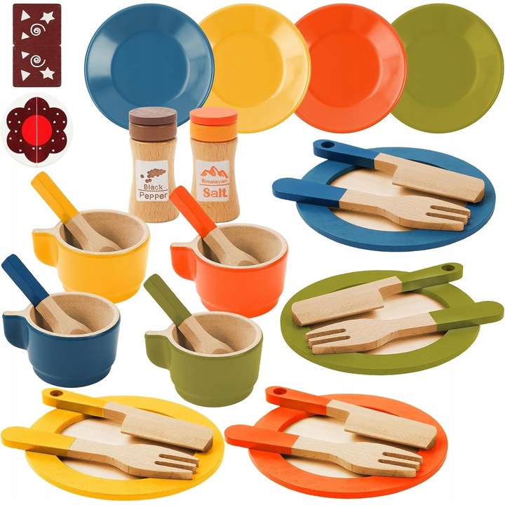 Set de vase din lemn pentru copii, 30 piese, talere, cutite, furculite, culori naturale