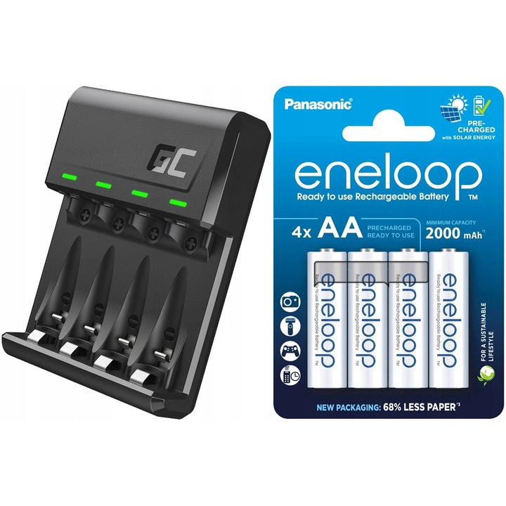Incarcator AA/AAA Green Cell GC VitalCharger cu 4 acumulatori Panasonic Eneloop 2000mAh, negru
