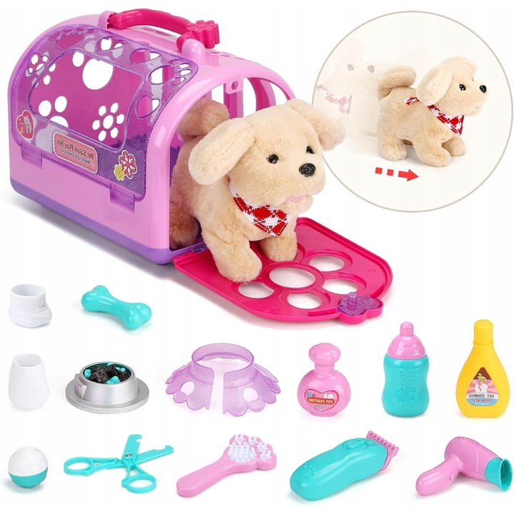 Állatorvosi készlet interaktív kiskutyával, kiegészítőkkel, biztonságos anyagokkal, szállítható méretekkel