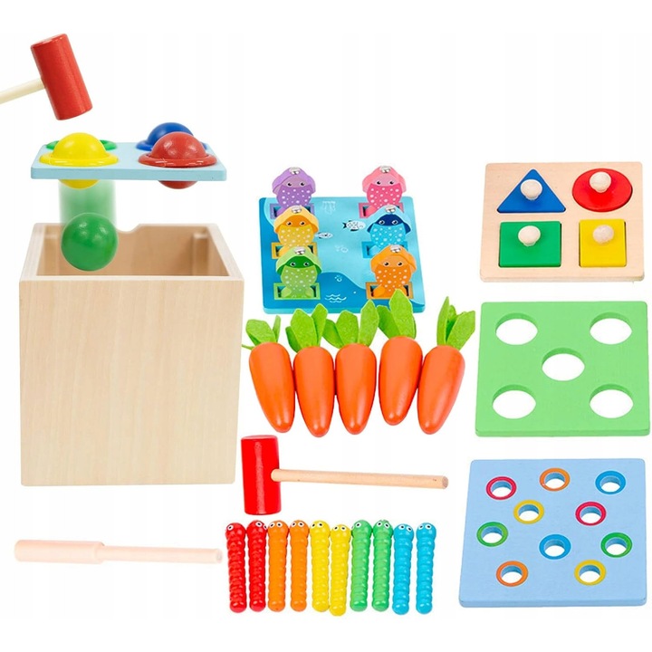 5 az 1-ben fa oktatójáték, változatos tevékenységek, többszínű, különböző méretek