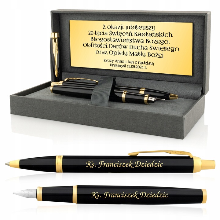 Set Pioro si Dlugopis Parker IM GT cu Grawer, culoare argintie, dimensiuni etui 17,5x8x4cm