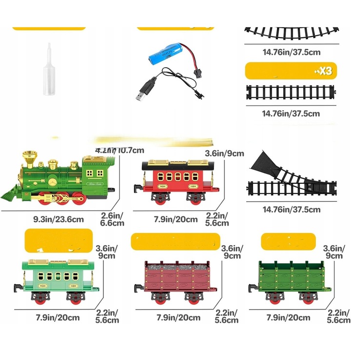 Set trenulete electrice de jucarie, 4 vagoane, efecte realiste, multicolor, dimensiuni variate
