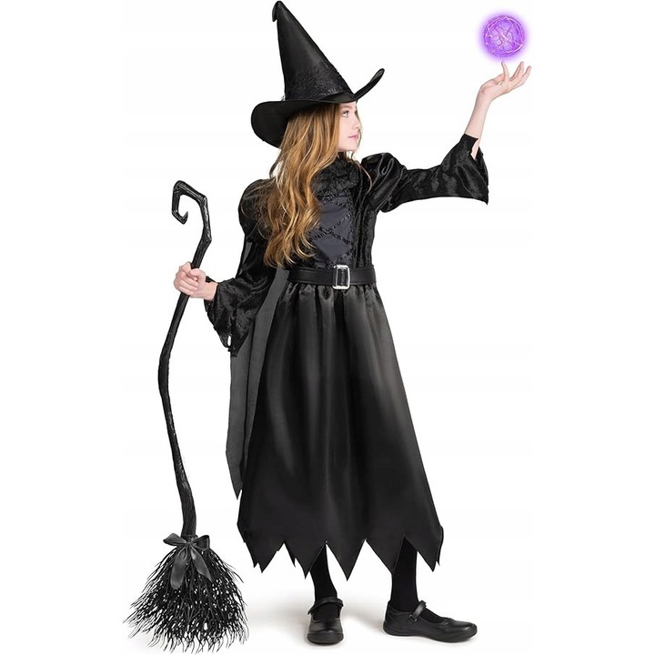 Costum Capcaun pentru copii, Spooktacular Creations, set 3 in 1 - palarie, rochie, curea, negru, marimea L (10-12 ani)