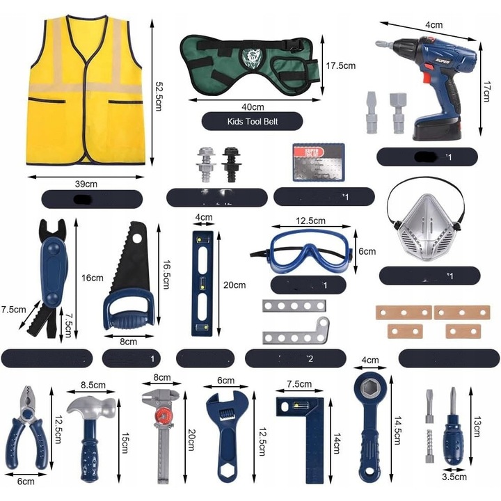Set unelte pentru copii, 53 piese, cu cutie de unelte, vopsea electrica, materiale sigure, 3+ ani