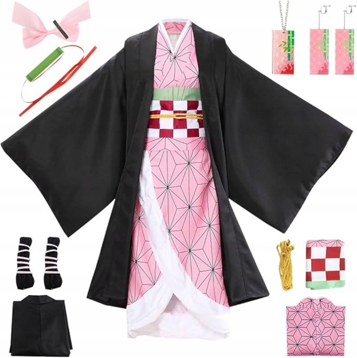 Nezuko anime gyermek jelmez, 11 részes, rózsaszín-fehér, 140-es méret