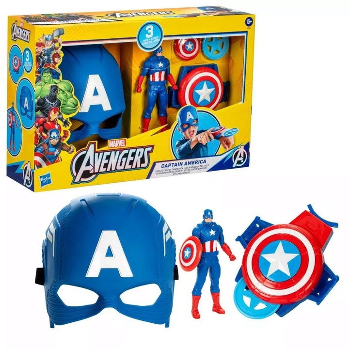 Set Figurina Marvel Avengers, Captain America, Masca si Lansator cu scut
