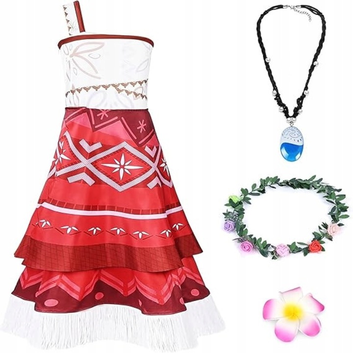 Moana jelmez kislányoknak, ruha szett, nyaklánc, 2 virágos hajcsat, girland, 120-130 cm, többszínű