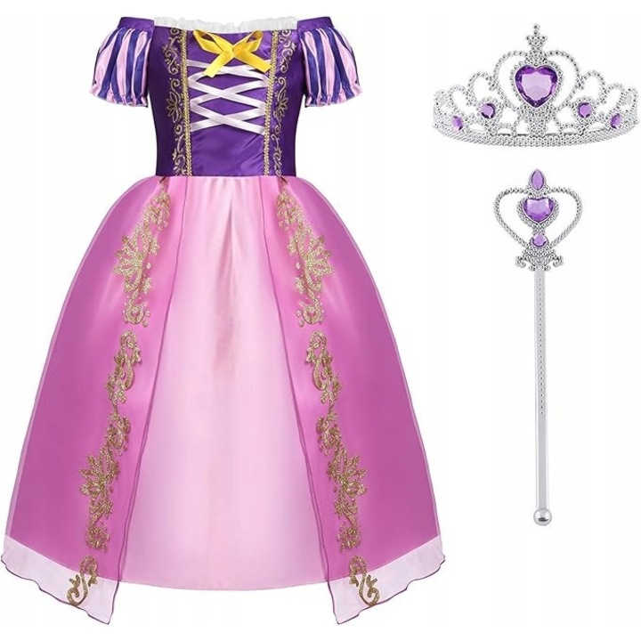 Costum de printesa cu rochie lunga, accesorii, diadema si bagheta, 150 cm, mov