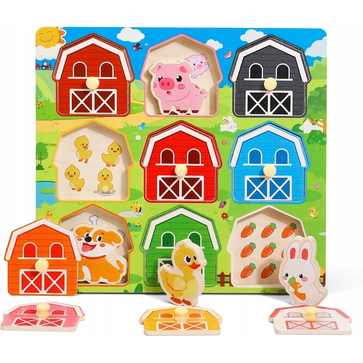 Montessori fa puzzle, 9 állat, 1-3 éves gyerekeknek, többszínű, készlet