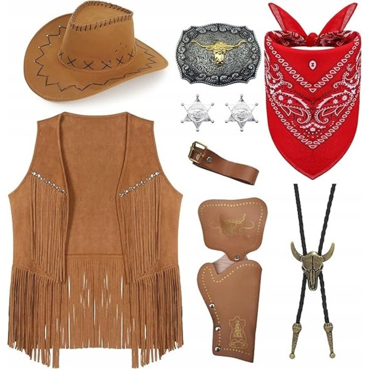 Costum cowboy Dacii, set 9 piese, vintage, cu palarie si bandana, marimea XL