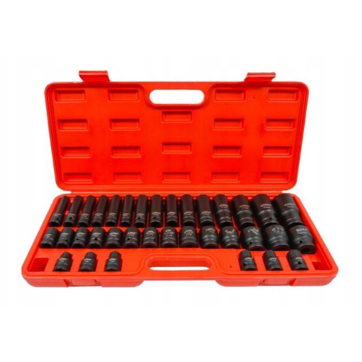 Set 35 bucati, Chei tubulare de impact Kraft&Dele KD11757, 1/2", din otel crom-molibden Cr-Mo, hexagonale, scurte si lungi (38/78 mm), valiza rosie